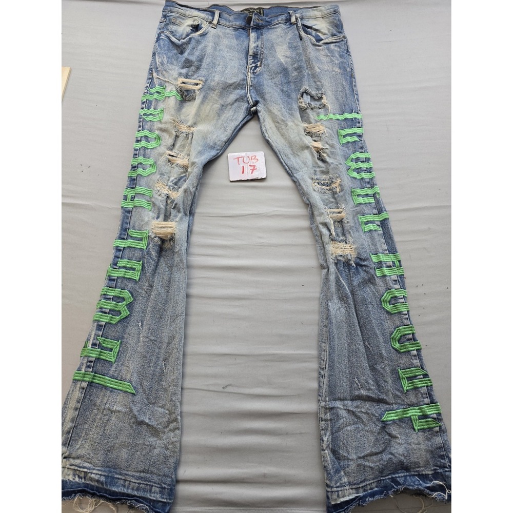 Jewel House Denim Mens 40x36 Distressed Flare Jeans Neon Green Embroidery Blue